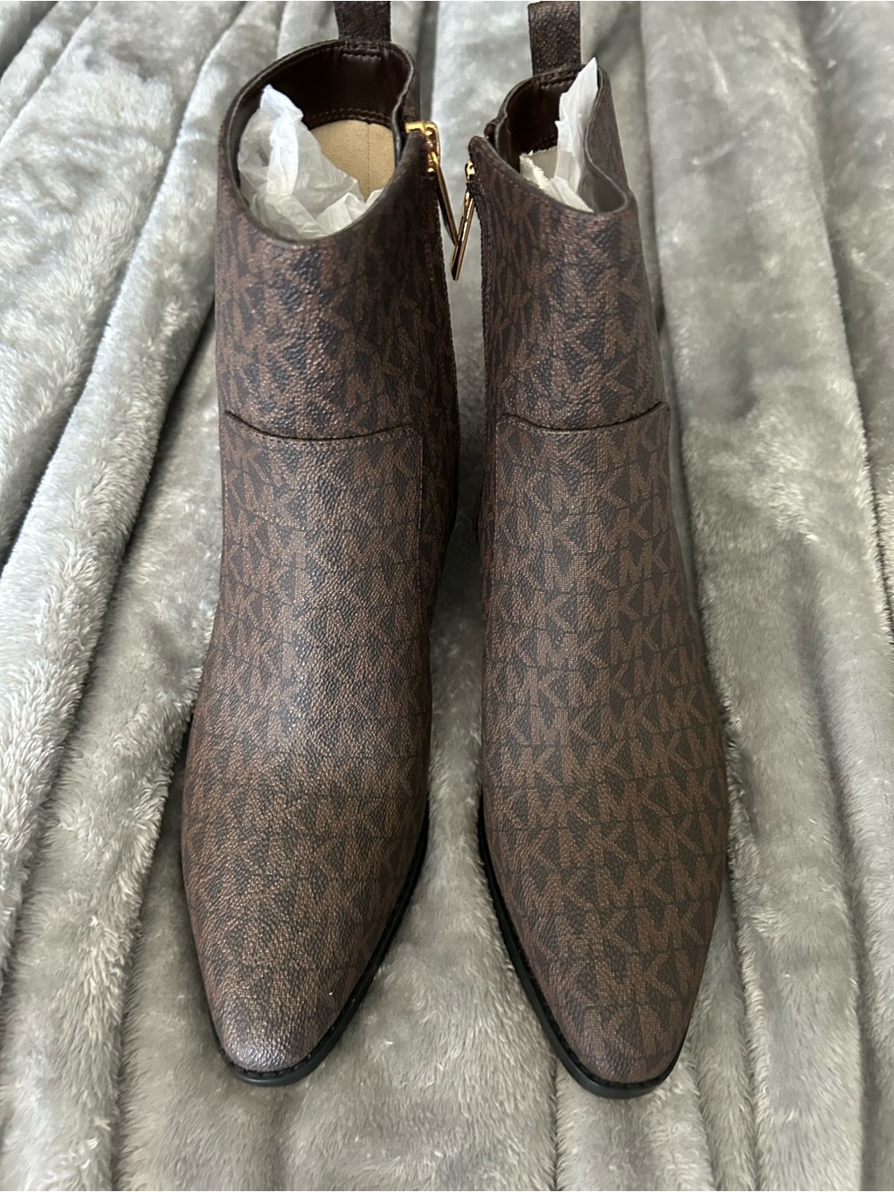 Michael Kors Brown MK Logo Pointed Toe Ankle Booties